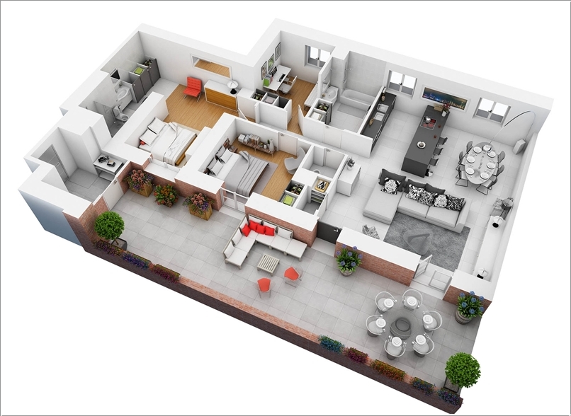10 Awesome Two Bedroom Apartment 3D Floor Plans | Architecture & Design