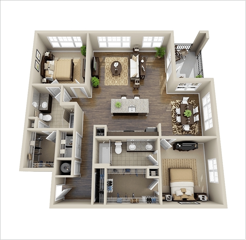 10 Awesome Two Bedroom Apartment 3D Floor Plans Architecture & Design