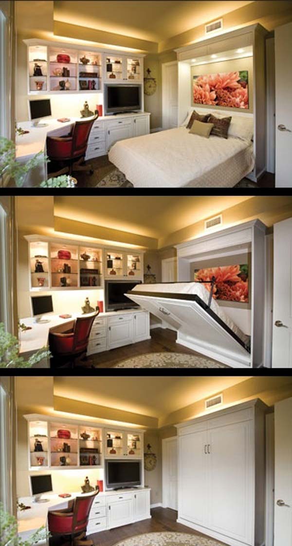 bedroom tiny hacks space most help office guest into making bed murphy brilliant wall basement beds desk storage nice tv