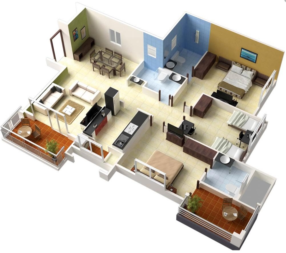 50 Three "3" Bedroom Apartment/House Plans | Architecture ...