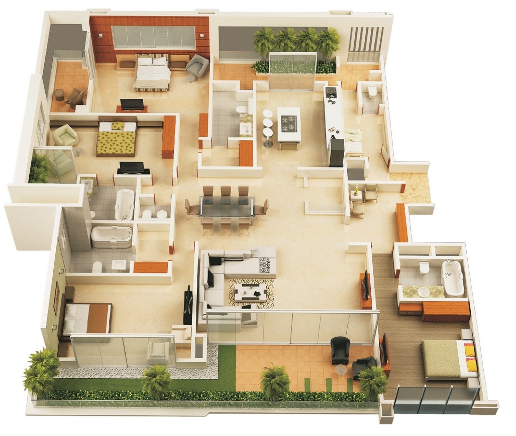 50 Four “4” Bedroom Apartment/House Plans Architecture