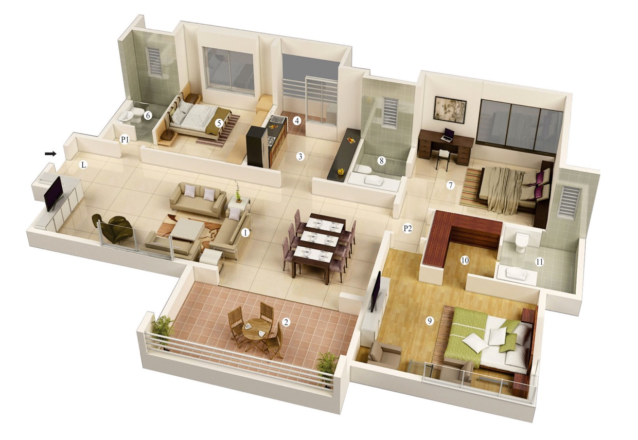 25 More 3 Bedroom 3D Floor Plans Architecture & Design