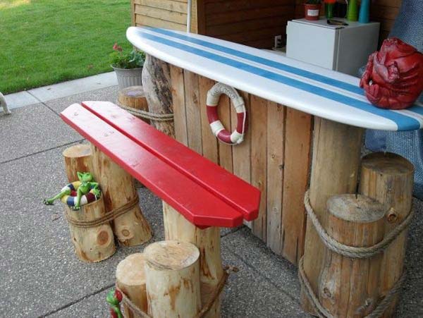 beach outdoor yard living porch backyard bar awesome nautical theme boat surfboard pool bench beachy cool surf idea colorful deck