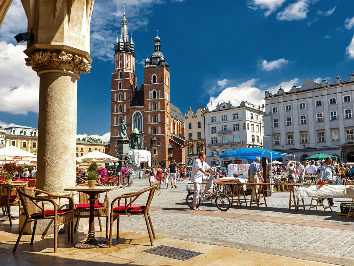Have a beer in the beautiful Market Square of Krakow, Poland.