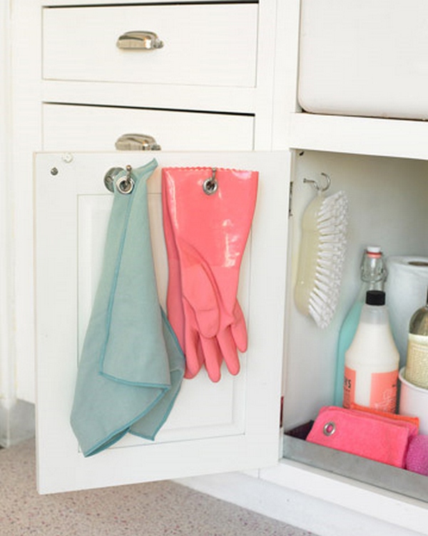 The insides of cabinets are also great places to put hooks for rags, gloves, and pot holders