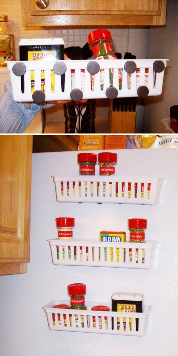 Stick magnetic racks to the side of your fridge