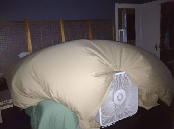 A box fan can help a blanket fort stay up, while also making sure the adventurer inside is getting enough air.