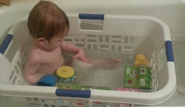 Use a laundry basket to keep bath toys from floating away.