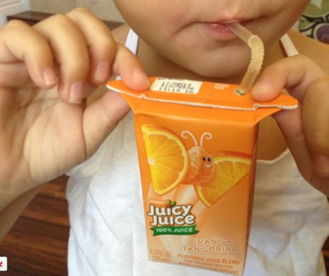Prevent them from over-squeezing juice boxes by teaching them to hold the drink by the side flaps.
