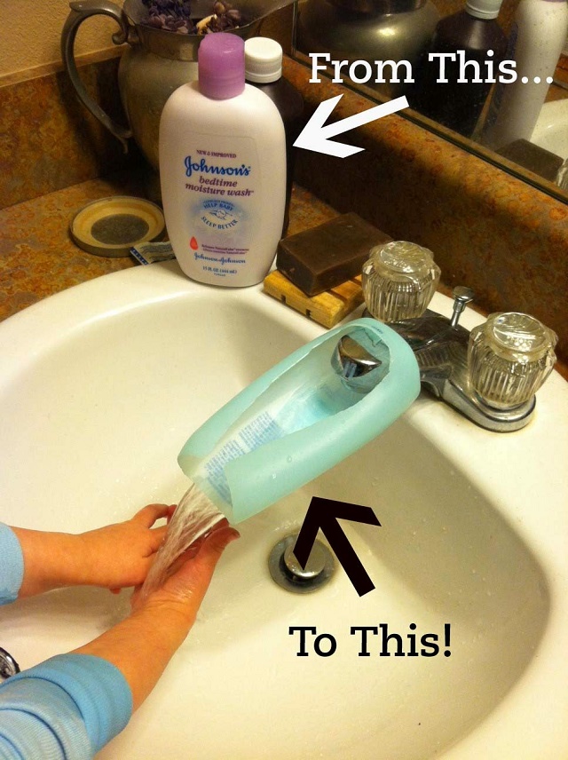 Old lotion bottles can be used as faucet extenders until the little tykes aren't so little anymore.