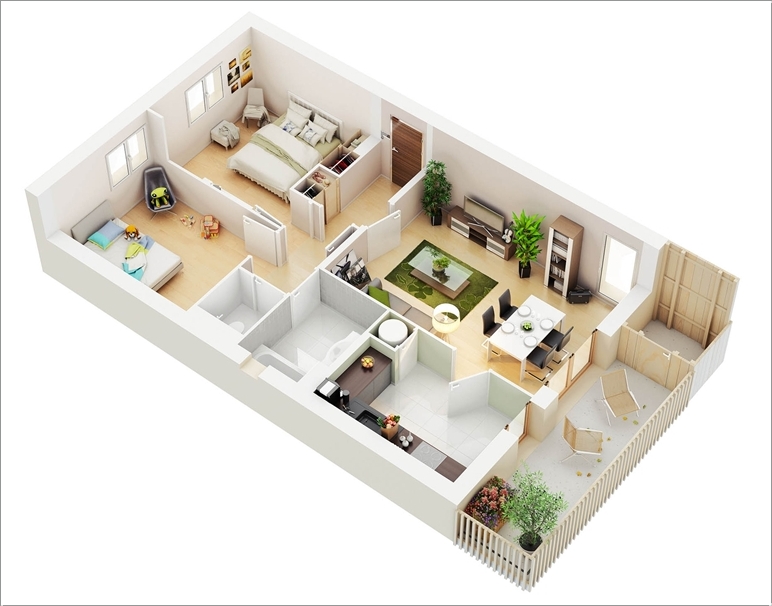 10 Awesome Two Bedroom Apartment 3D Floor Plans | Architecture & Design
