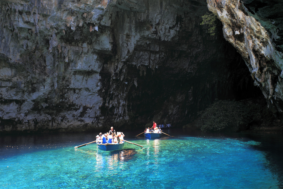 Rowing through a cave in Kefalonia, Greece