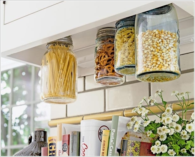 Hack The Space Under The Cabinets With Hanging Mason Jar Storage