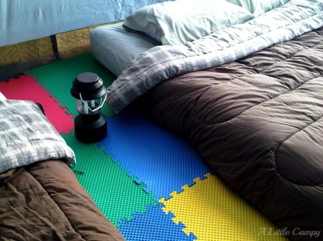 Use foam floor tiles for a softer, more comfortable tent floor.
