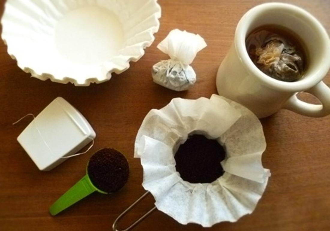 Make travel coffee bags out of coffee filters and dental floss.