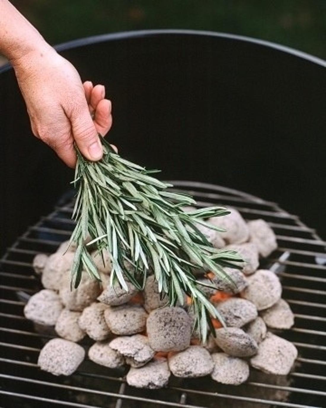 Forgo the meat marinade and put the rosemary on the coals.