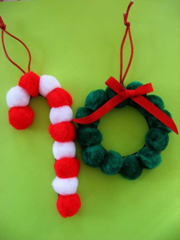 Candy Cane And Wreath Pom Pom Ornaments