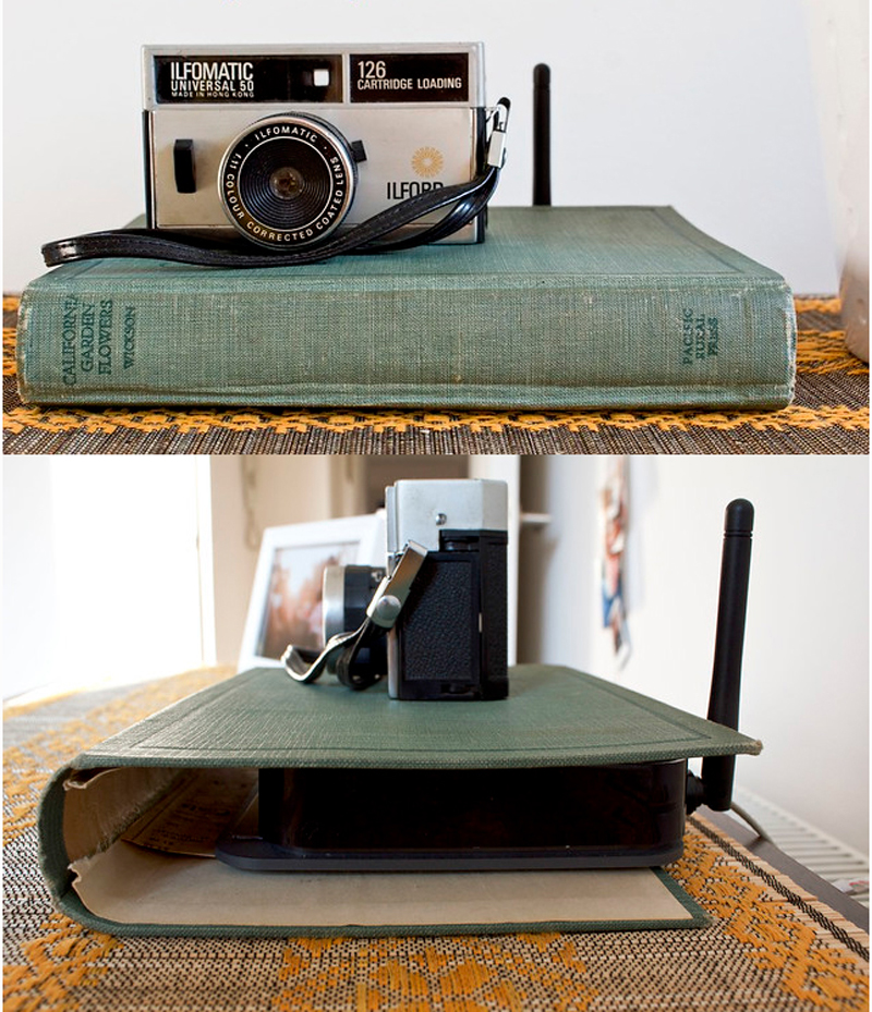 Use a hollowed-out book to hide an unsightly router.