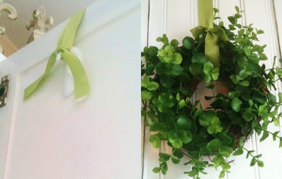 Use an upside-down Command hook on the backside of a door to hang a wreath.