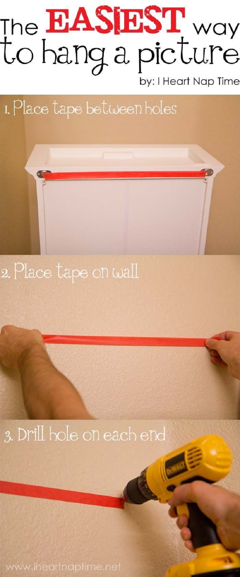 If you’re hanging something heavy on your walls, use tape to measure the distance between two holes.