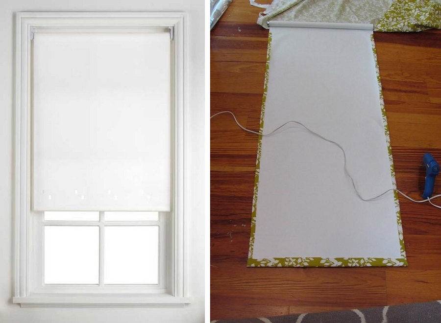 Transform a boring window roller blind by covering it with pretty fabric and attaching it with hot glue.