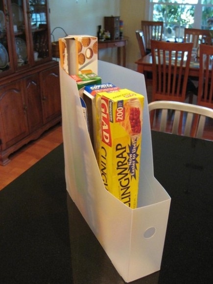 Store Foil, Saran Wrap, And Wax Paper Rolls Inside A Magazine Rack