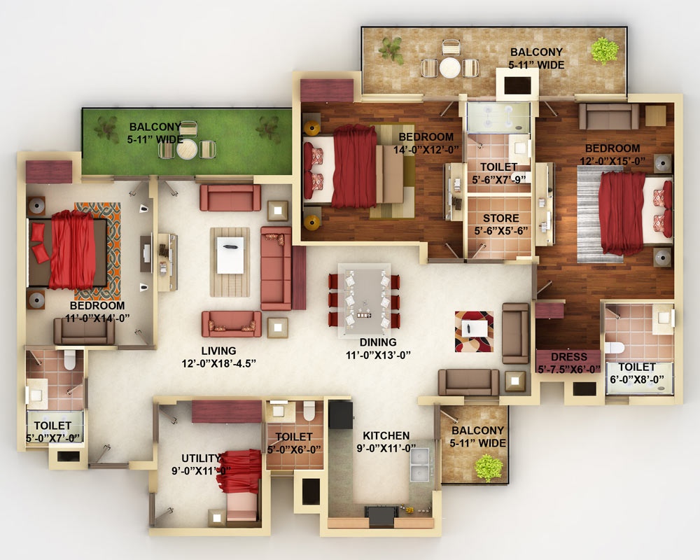 50 Four "4" Bedroom Apartment/House Plans | Architecture ...