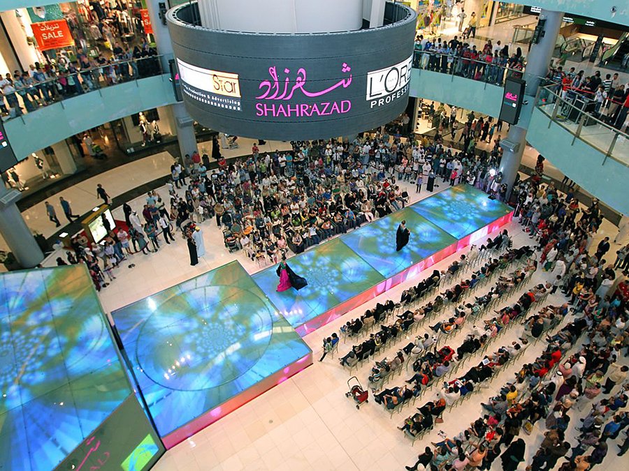 The mall hosts a lot of events. Here's a fashion show with a runway right in the middle of one of the mall's open areas.