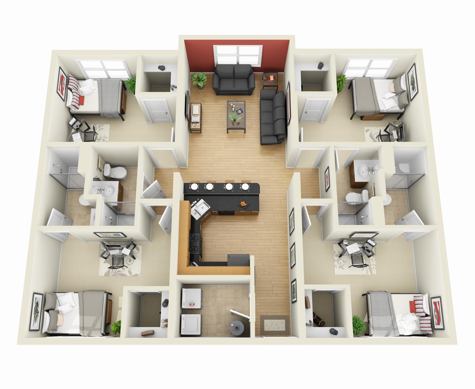 50 Four "4" Bedroom Apartment/House Plans | Architecture ...