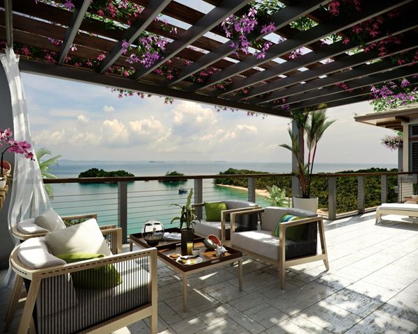 Ocean view patio with bougainvillea outdoor lounge