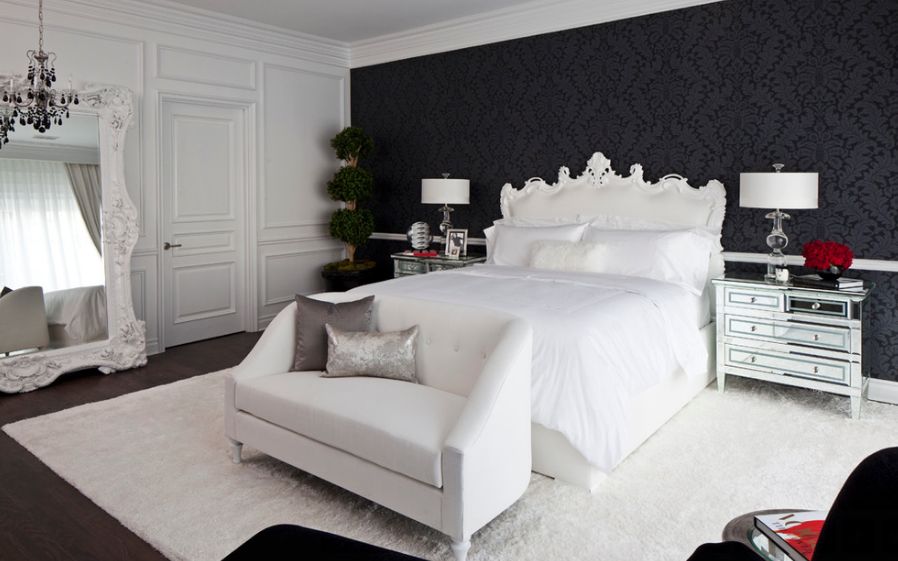 black-and-white-bedroom-wallpaper-behind-bed