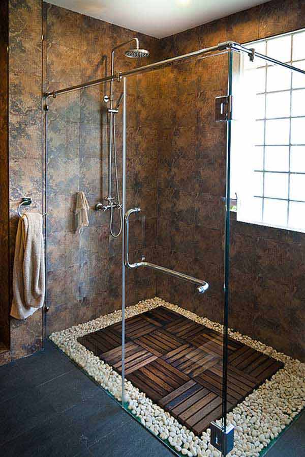 River Rocks And Wooden Tiles Bathroom Flooring