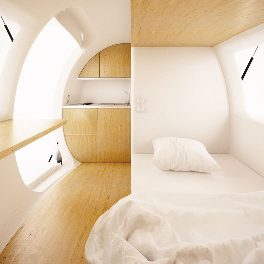 Its interior can comfortably sleep two and provide eight sq meters of living space.