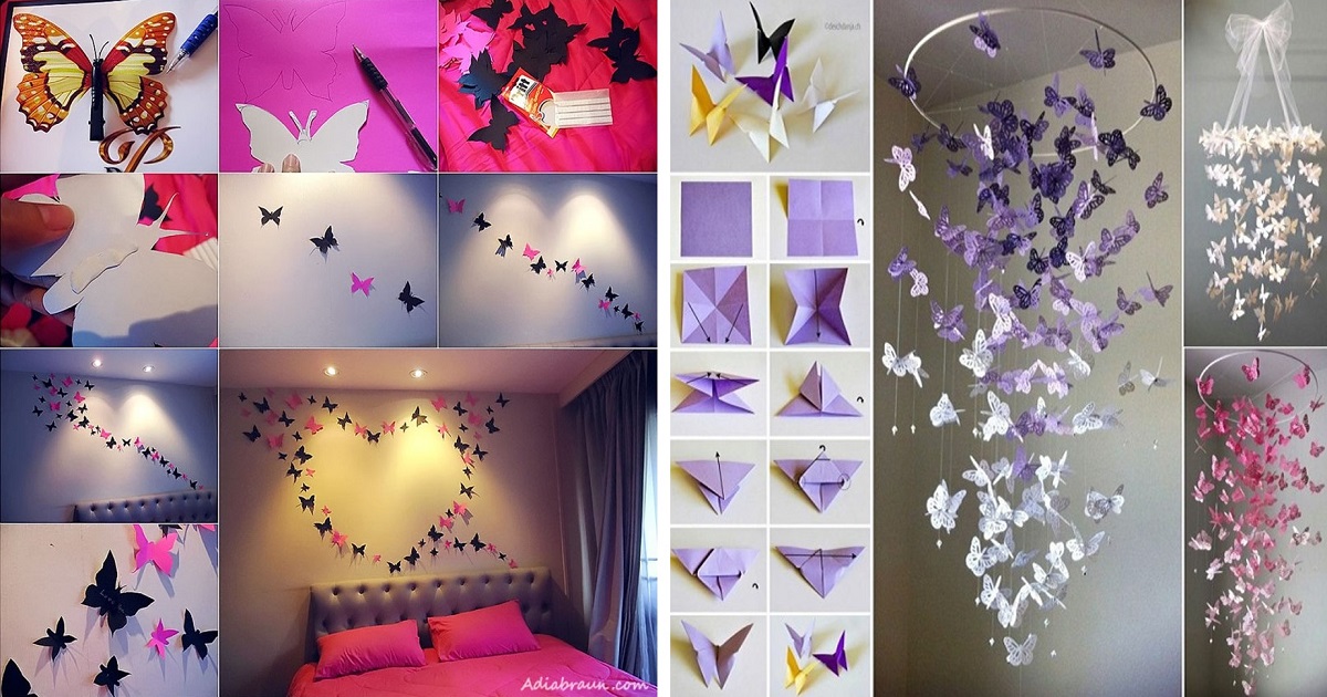 5 Easy Paper Butterflies Wall Decor, How to make paper butterfly, diy  room decor