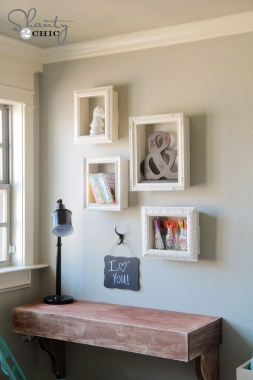 Glue Old Picture Frames Onto Wooden Boxes For Pretty Framed Shadow Shelves.