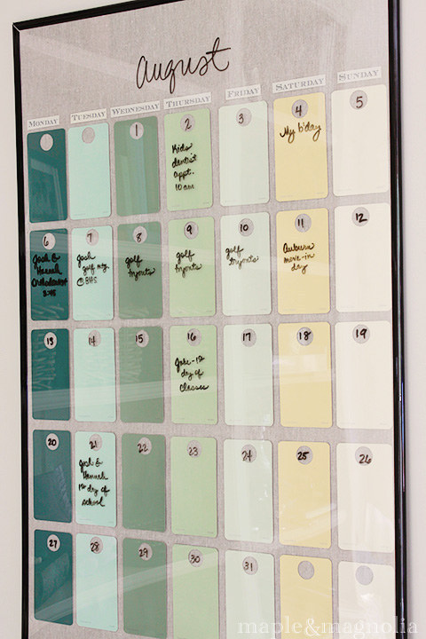 Hot Glue Paint Chips To The Inside Of A Poster Frame For A Dry-Erase Calendar That Matches Your Kitchen Towels.