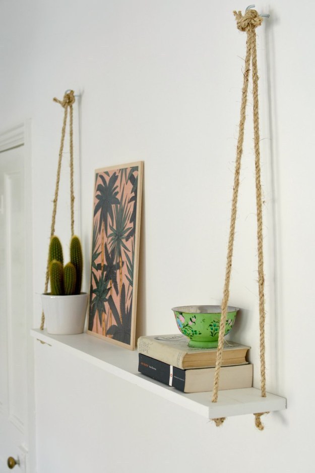 Tie Sisal Rope Onto A Painted Board To Create A Simple Hanging Shelf.