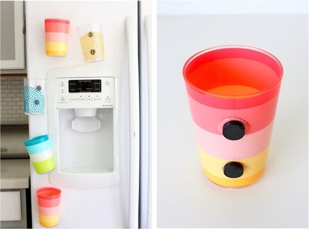 Add magnets to drinking cups so kiddos can keep themselves hydrated on hot days.