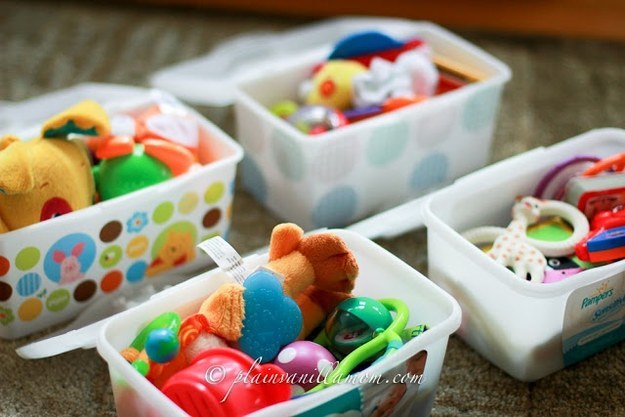 Use empty wipe containers to carry toys, food, games, and craft supplies on the go.