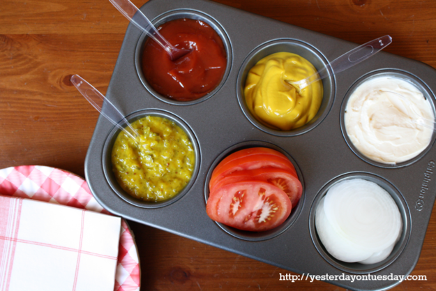 Muffin tins make great condiment service dishes.