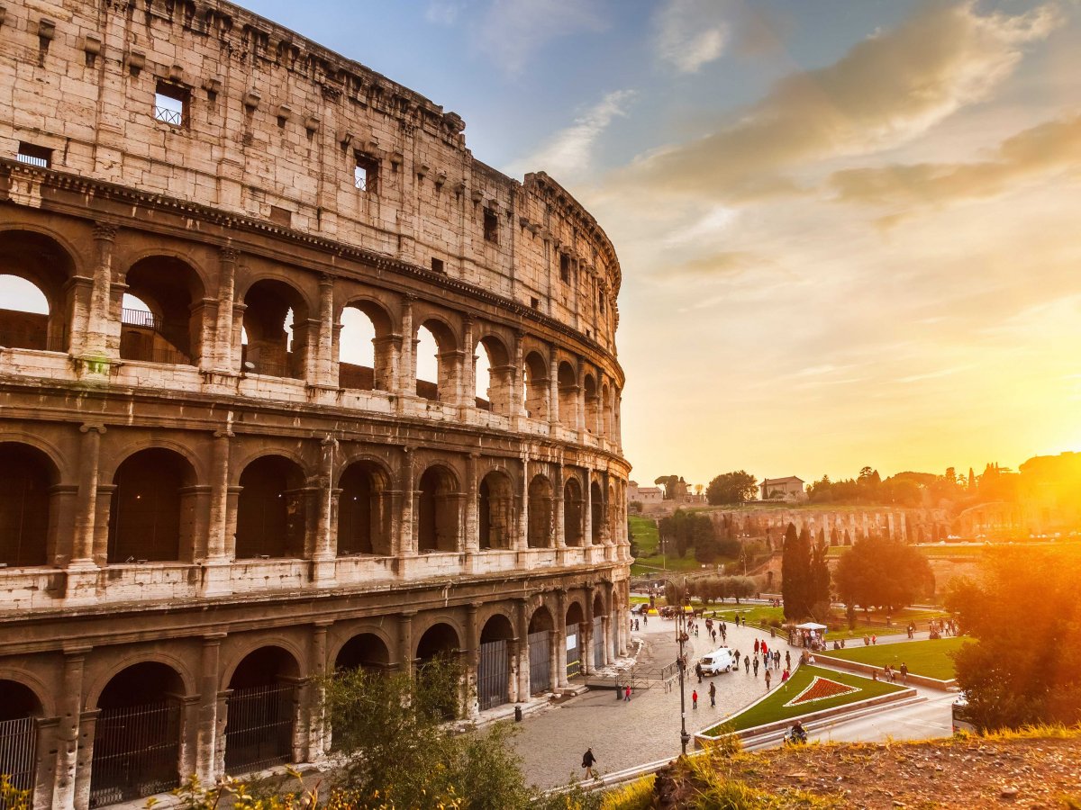 The site of many gladiators and wild animal fights, The Colosseum in Rome, Italy, was built by Emperor Vespasian during 70-72 A.D. as a gift of entertainment for the Roman people.