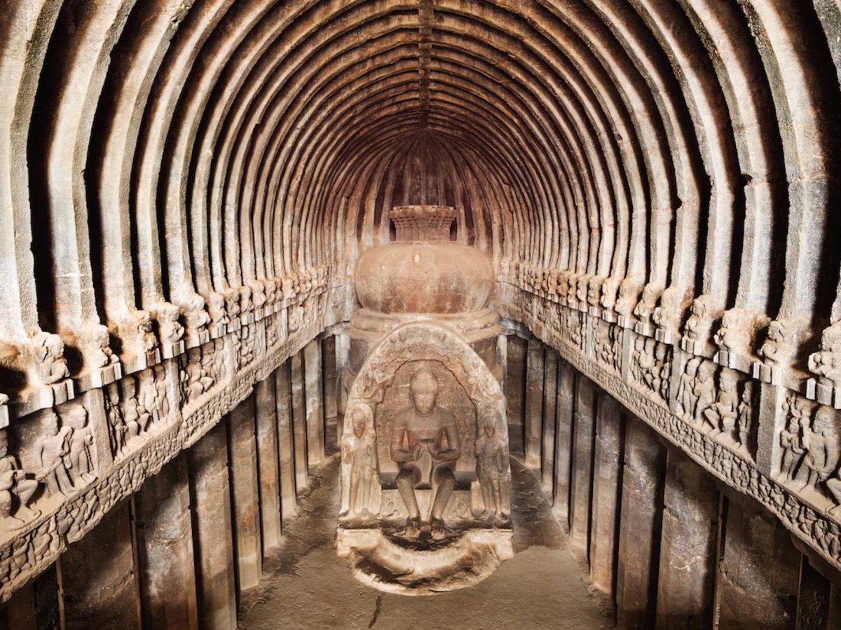 The Buddhist monuments which fill the Ajanta Caves in Maharashtra, India, tell stories that date back to the 1st and 2nd centuries B.C. There were 29 caves; five were temples, and 24 were monasteries.