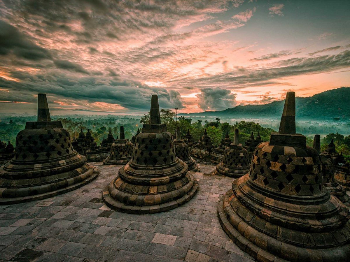 Sitting in central Java in Indonesia, the Buddhist temple of Borobudur originated in the 8th and 9th centuries. The temple complex was built with three tiers and included 72 Buddhist statues.