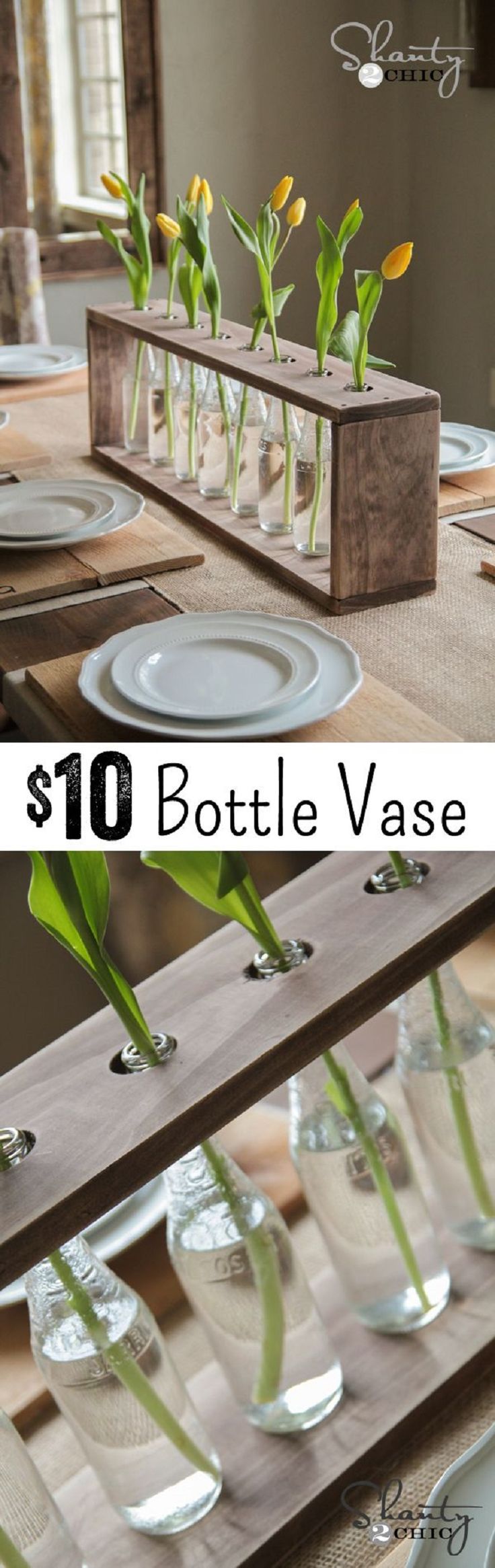 Turn a few bottles into some unique vases for your flowers.