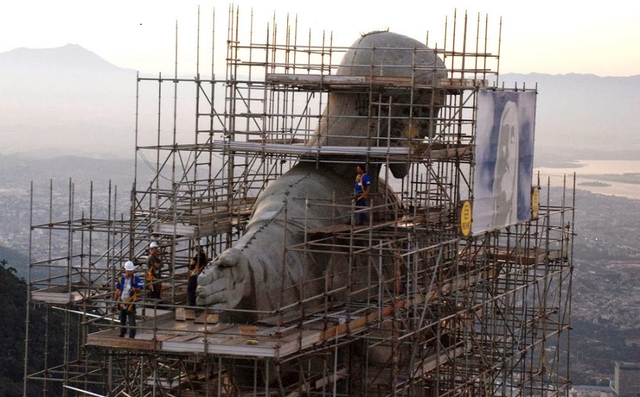 Christ the Redeemer is being built on a mountaintop in Sao Paolo, Brazil.