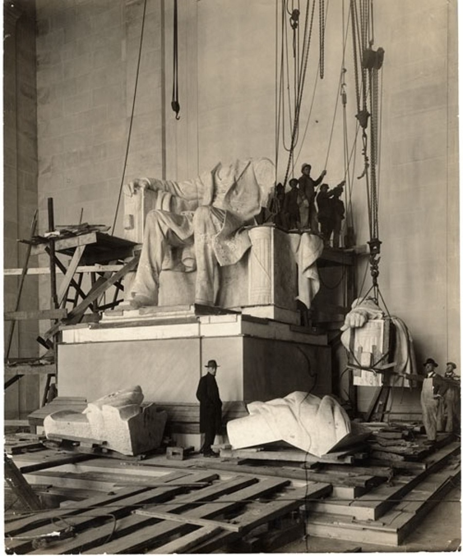 The Lincoln Memorial, pictured during construction, missing the head of Lincoln - 1920.