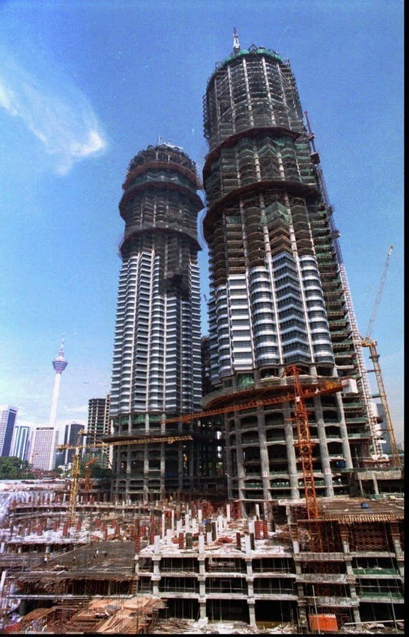 The layers of the Petronas Towers were built in Malaysia in 1995.