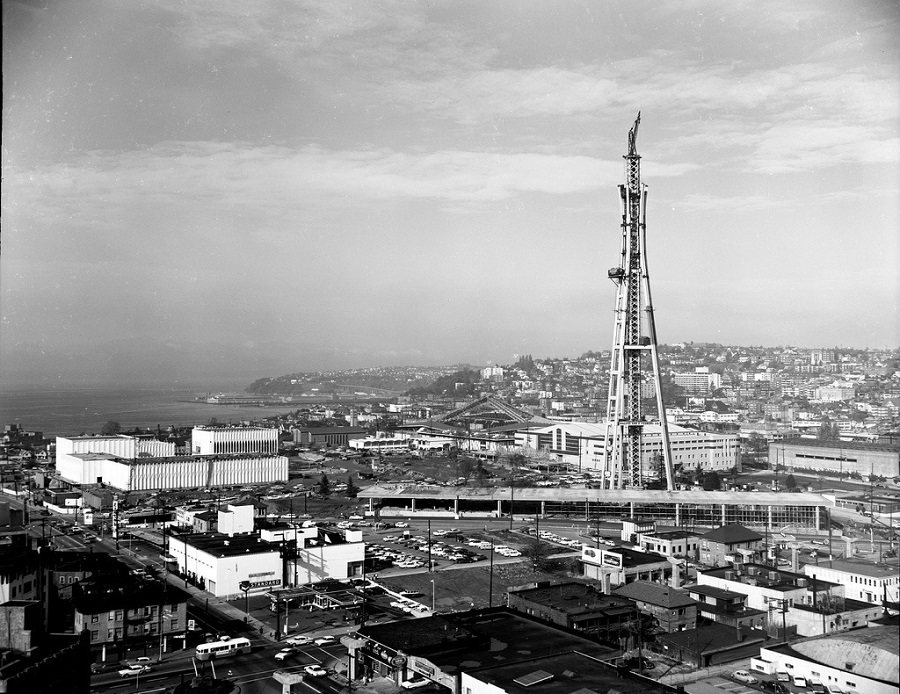 The construction of the Space Needle in Seattle. This photo was taken in 1961.