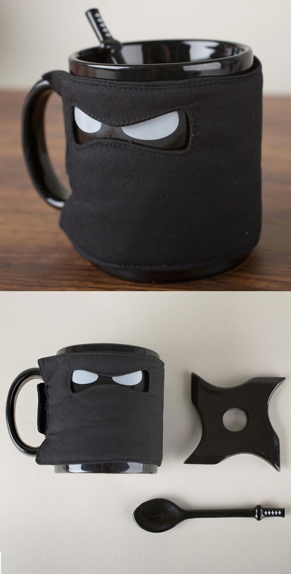 This ninja mug has all the requisite accessories: a throwing star coaster, a katana spoon, and the mask coffee coozie. Cute AND deadly.