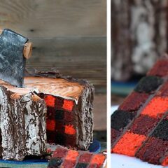 A Lumberjack Cake With An Edible Axe And A Plaid Pattern Inside